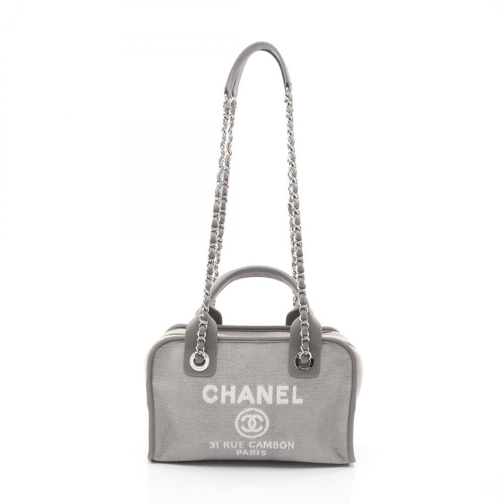 Chanel Deauville Bowling Bag Shoulder Canvas Leather Gray